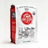 Tend Coffee bag with red and white design on a white background